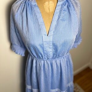 THML blue puff sleeve elastic waist long v-neck dress small